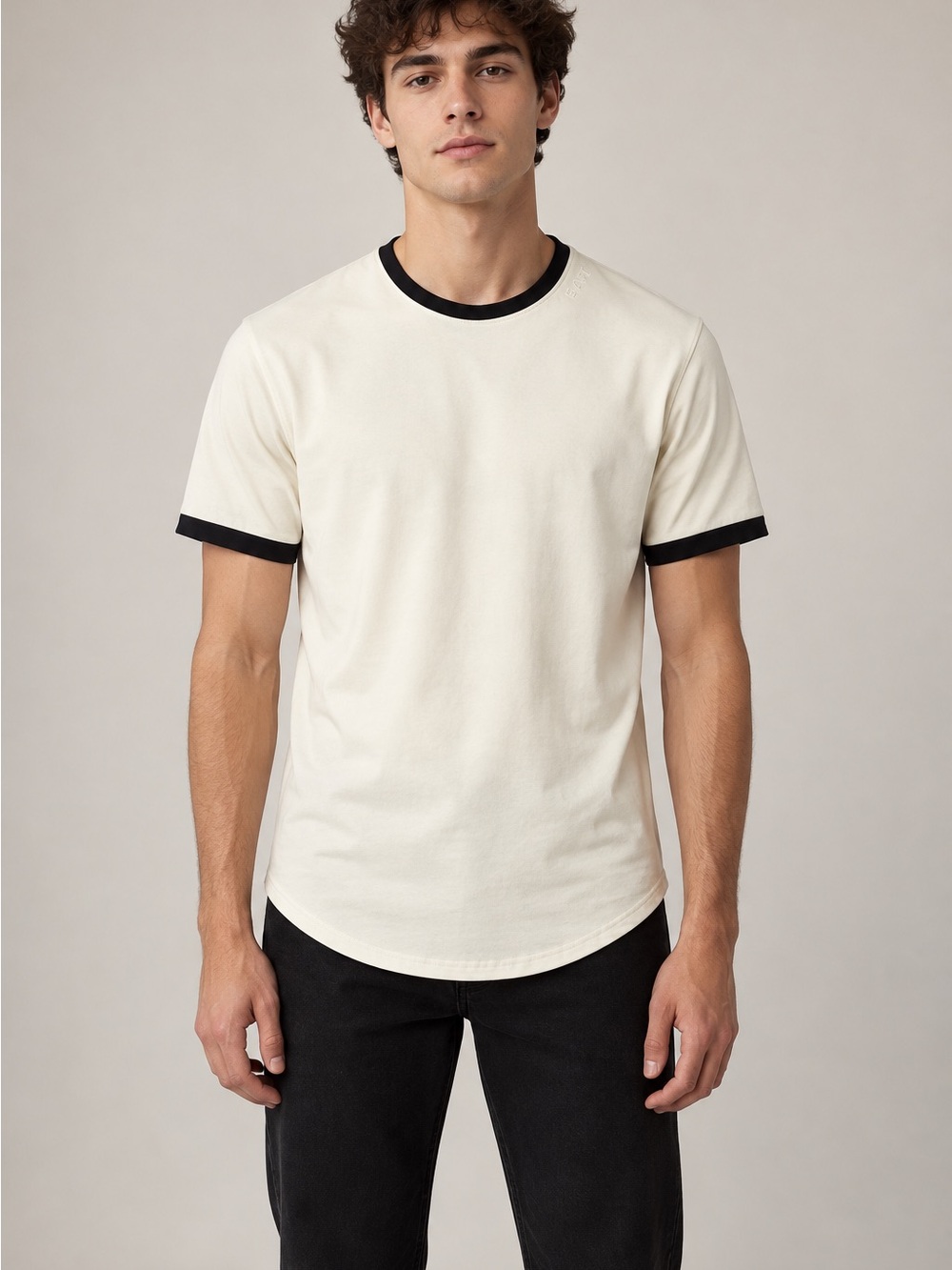 BYLT Premium Basics Drop-Cut Ringer Lux Tee Men’s Small Cream Black